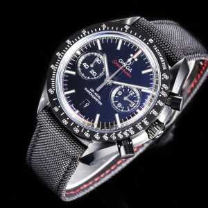 Alternative view of Moonwatch Pioneer Edition, Honoring the Classic. Omega Speedmaster Dark Side of the Moon 311.92.44.51.01.007 44.25mm Co-Axial Chronograph, 3 o'clock chronograph minute hand, 9 o'clock small seconds Movement:9300 Co-Axial Master Chronometer automatic movement with dual T-shaped black balance wheel, rhodium-plated with distinctive Arabic-style Geneva waves. Bezel: Black ceramic bezel + enhanced luminescence. Dial: Polished black ceramic with blackened inner rings on 3 o'clock and 9 o'clock subdials, paired with white gold hour markers. Case: Black. Strap:Nylon fabric strap Crystal: Double-domed sapphire crystal Scratch-resistant Functions: Date display, Chronograph